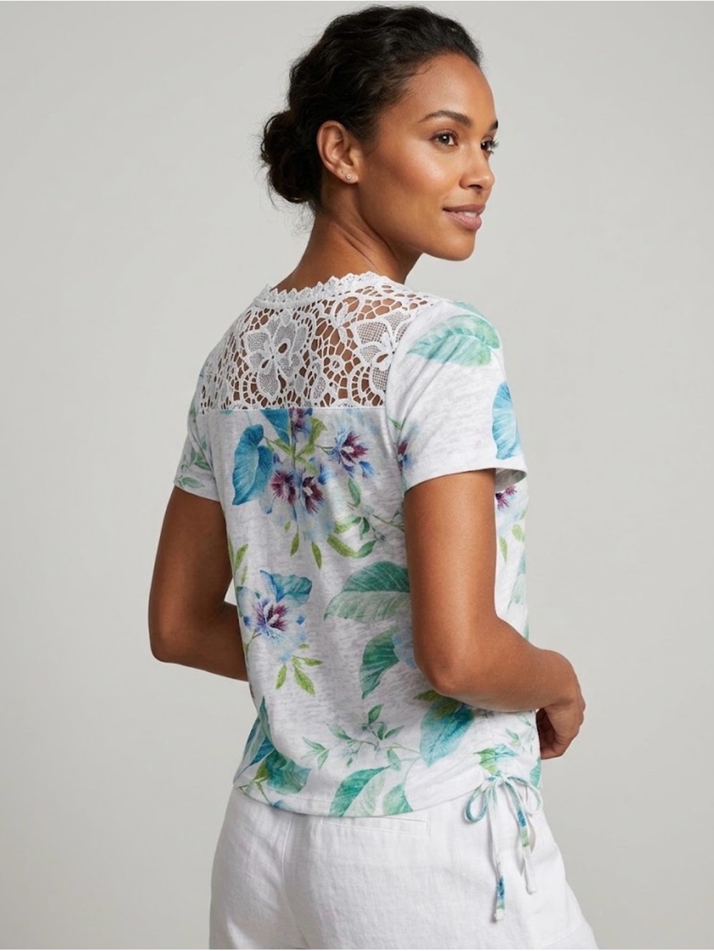 Laura Lace-Yoke Floral Short Sleeve Tee